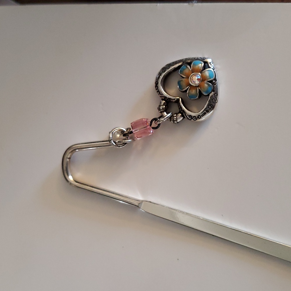 BRIGHTON Bookmark Dangling Silver Tone Heart Swarovski Crystal And Pearl Bead